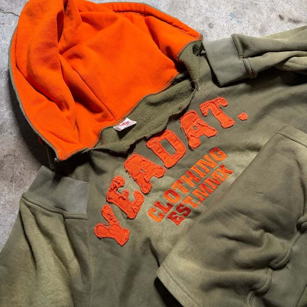 YeaDar Clothing Olive Green and Orange Distressed Hoodie Size 3XL